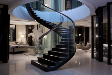 Interior design of modern and luxurious rounded staircase with a bent structure, with futuristic aluminium and glass railing and minimal color scheme, showcasing a stylish and contemporary aesthetic