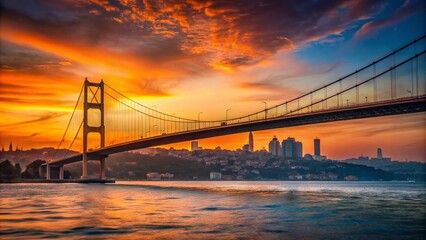 Obraz premium Istanbul Bosphorus Bridge Sunset Panorama: Minimalist European Cityscape Photography