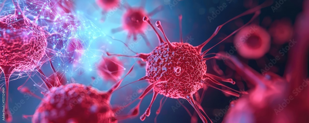 Poster cancer cells idea. microscopic view of viruses highlighting intricate structures and vibrant colors.