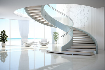 Interior design of modern and luxurious rounded staircase with a bent structure, with futuristic aluminium and glass railing and minimal color scheme, showcasing a stylish and contemporary aesthetic