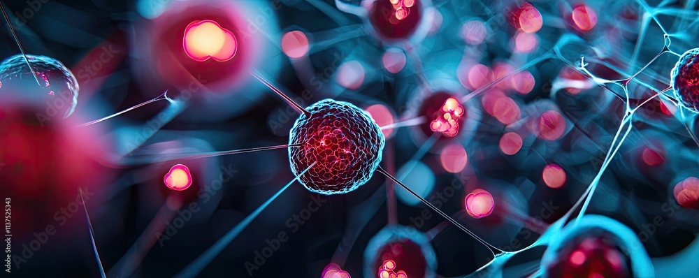 Poster cancer cells idea. detailed illustration of cells and particles in vibrant colors and intricate patt