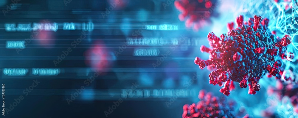 Poster cancer cells idea. illustration of a virus with data visualization in the background, conveying infe