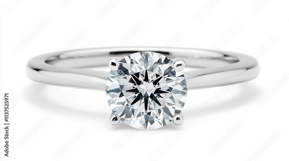 Poster elegant solitaire diamond ring on white background with reflection