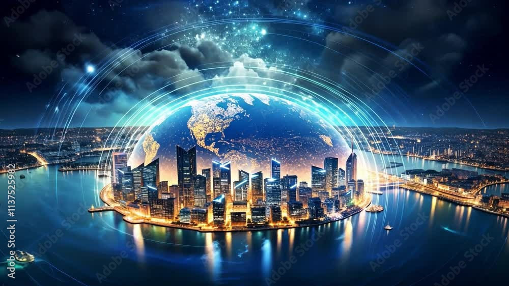 Aufkleber global network: a futuristic cityscape illuminated by a glowing globe with data streams, symbolizing