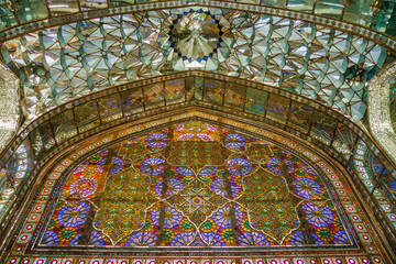 Mosaic window and mirror arch in the throne room of Golestan Palace in Tehran, Iran