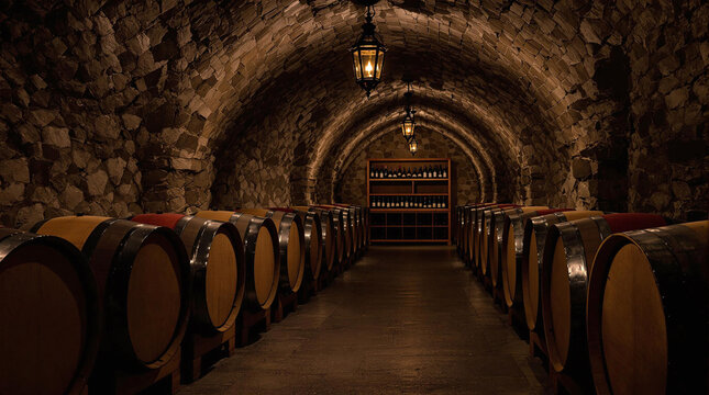 Rustic wine cellar with oak barrels and vintage lighting, rare atmospheric scene, stock photo