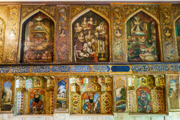 Gallery of frescoes of 18 century in Golestan Museum (former palace) in Tehran, Iran. Paintings, made in the European style, depict representatives of the Persian nobility, still lifes and landscapes