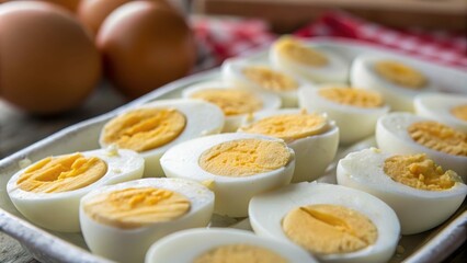 Boiled eggs cut in half. Food ideal for breakfast and healthy eating.