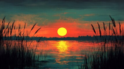 sunset, lake, sky, water, sun, nature, landscape, 