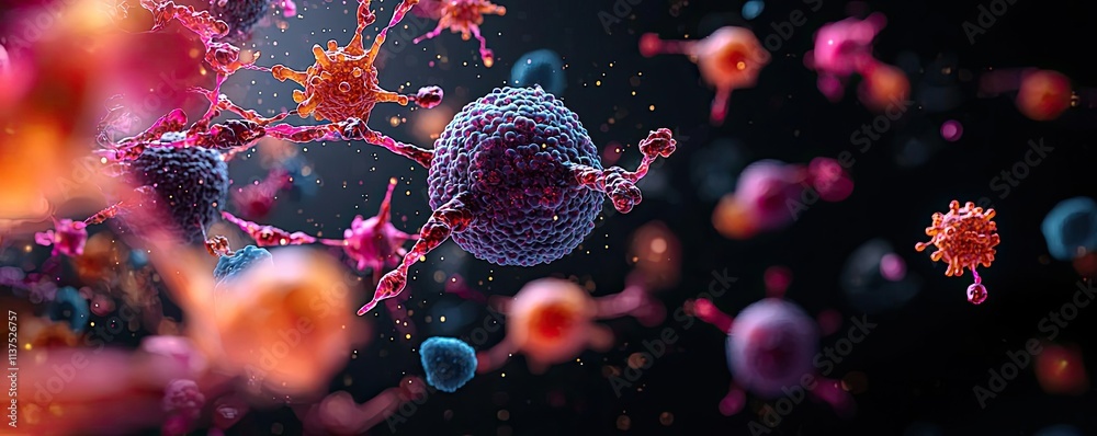 Poster cancer cells idea. colorful microscopic view of cells and microorganisms in a dark environment.