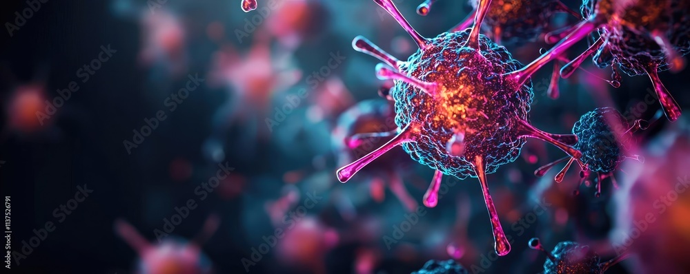 Poster Cancer cells idea. Detailed visualization of a virus in vivid colors showcasing its structure and form.