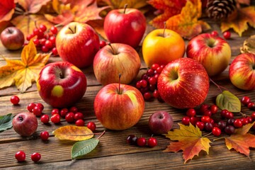 A basket of apples and berries on a table with autumn leaves