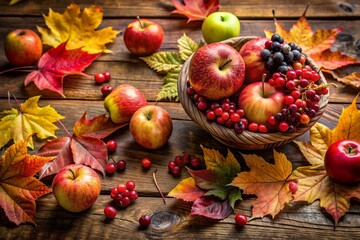 A basket of apples and berries on a table with autumn leaves