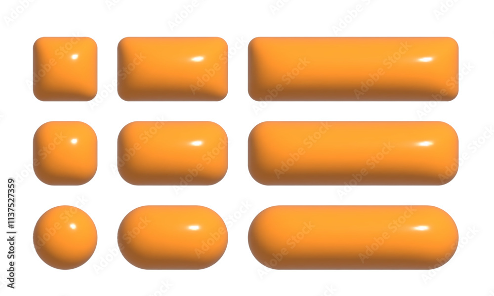Poster 3d buttons collection for ui and ux design. realistic orange glossy squared and rounded badges