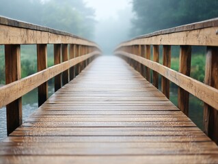 Obraz premium Morning Dew on Wooden Trails Serene Bridge Nature Photography Foggy Environment Close-Up Tranquility