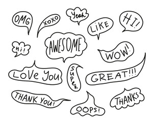 Doodle speech bubbles with simple phrases. Cloud textbox set. Hand drawn text comment box 