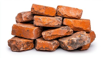 A photostock of a stack of bricks with visible rough textures, isolated on a clean white background, ideal for construction themes, High Quality