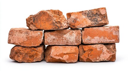 A photostock of a stack of bricks with visible rough textures, isolated on a clean white background, ideal for construction themes, High Quality
