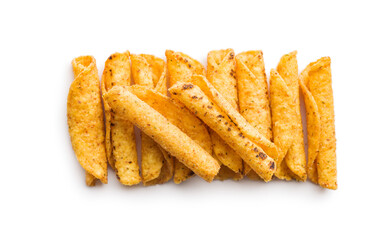 Rolled nachos tortilla chips isolated on white background.
