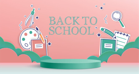 Back to school banner design with circular podium and education sticker elements - paint palette, compass, notebook pages, magnifying glass on pink background. Decorative paper cut clouds behind stage