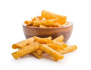 Rolled nachos tortilla chips isolated on white background.