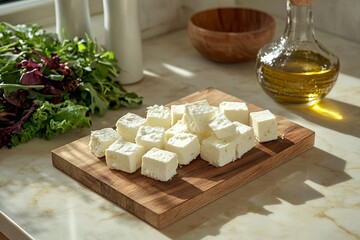 Feta cheese with salad and olive oil on a wooden board. AI generated illustration