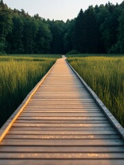 Obraz premium Morning Dew on Wooden Trails Scenic Landscape Tranquil Nature Path Peaceful Vibes