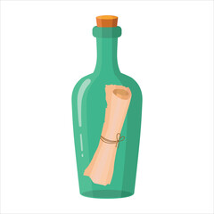 A bottle with a note. A green glass bottle with a stopper and a twisted note inside. Vector illustration.