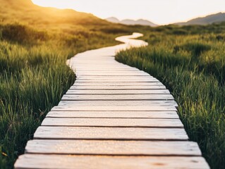 Obraz premium Morning Dew on Scenic Trails Nature Pathway Serene Landscape Tranquil Viewpoint