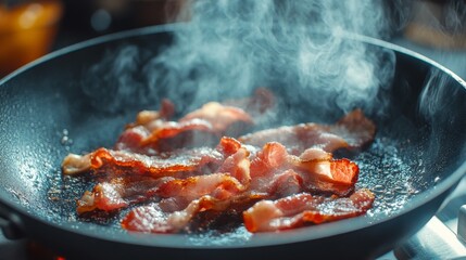 Crispy Bacon Cooking in a Non-Stick Pan with Steam Rising