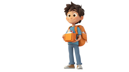 A cheerful young boy with a backpack holds a lunchbox while standing against a transparent background in a casual outfit.