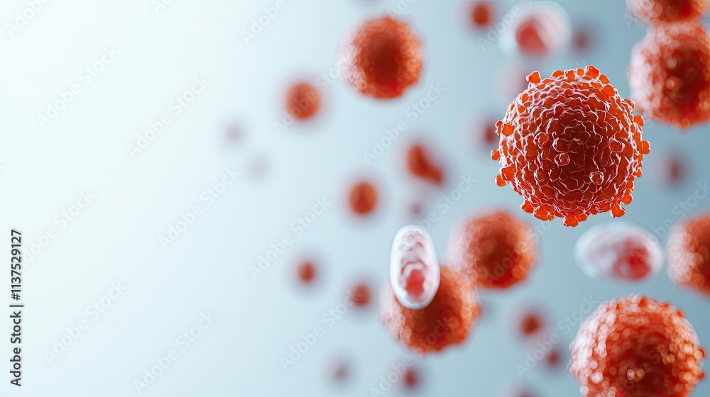 Poster cancer cells idea. microscopic view of red cells illustrating biological processes and health scienc