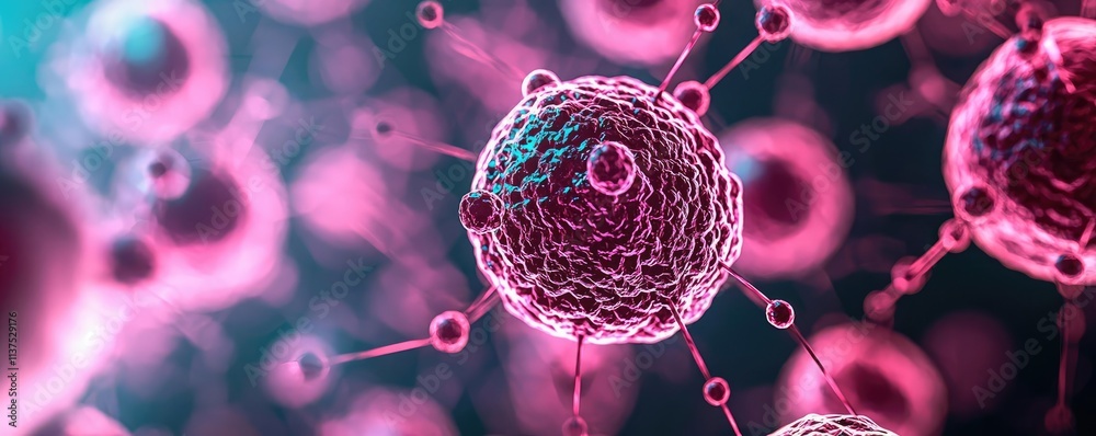 Poster cancer cells idea. vibrant close-up of a virus structure with intricate details and bright colors.