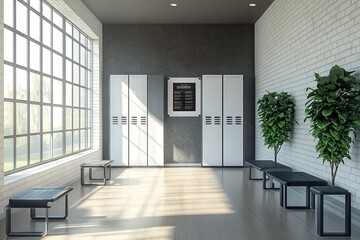 Fototapeta premium Modern Gym Locker Room with White Lockers and Black Steel Benches. AI generated illustration