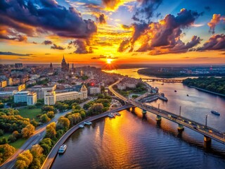 Kyiv Sunset Aerial Photography: Golden Hour Panorama, Ukrainian Capital Cityscape, Dnipro River Views