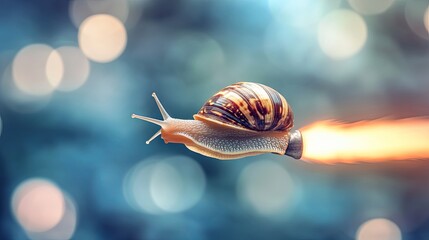 A snail soaring swiftly with a rocket-shaped shell on an isolated background	