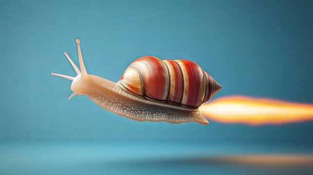 A snail soaring swiftly with a rocket-shaped shell on an isolated background