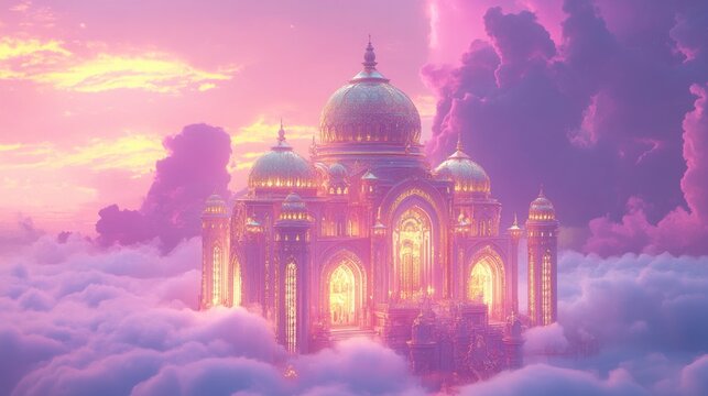 Majestic palace floating among colorful clouds
