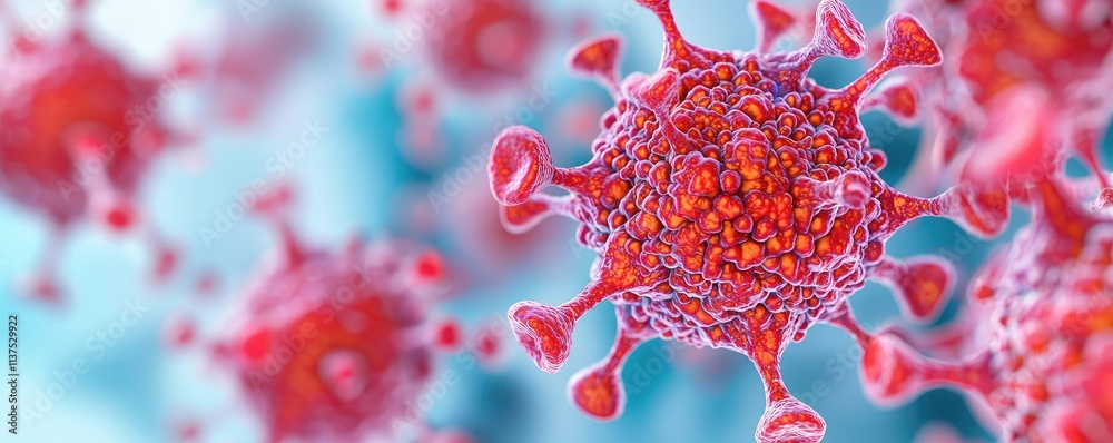 Poster Cancer cells idea. Close-up view of colorful virus particles under a microscope, showcasing structure.