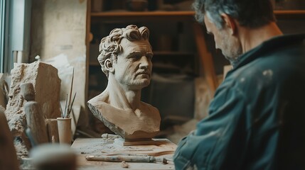 A man sculpting a bust from clay in an artist&acirc;&euro;&trade;s workshop with tools and molds