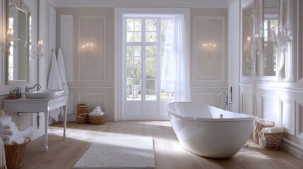 Elegant bathroom with freestanding tub and natural light