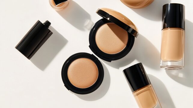 Bottles of makeup foundation and cushion,Collection of skin foundation bottles in different shades and samples on color background,makeup essentials,Cushion Foundation liquid and swatche,copy space.