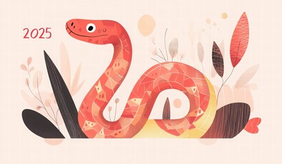 red snake Chinese New Year 2025 card design with geometric shapes and a colorful, patterned fabric wrapped around it. new year card background for the Chinese Lunar New Year of the Snake