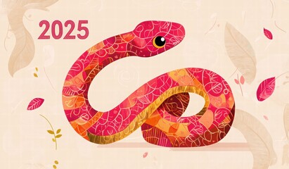 Obraz premium red snake Chinese New Year 2025 card design with geometric shapes and a colorful, patterned fabric wrapped around it. new year card background for the Chinese Lunar New Year of the Snake