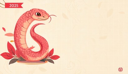 Obraz premium red snake Chinese New Year 2025 card design with geometric shapes and a colorful, patterned fabric wrapped around it. new year card background for the Chinese Lunar New Year of the Snake