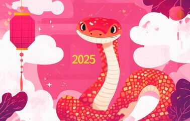 Fototapeta premium red snake Chinese New Year 2025 card design with geometric shapes and a colorful, patterned fabric wrapped around it. new year card background for the Chinese Lunar New Year of the Snake