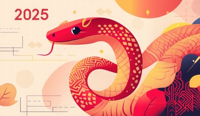 Fototapeta premium red snake Chinese New Year 2025 card design with geometric shapes and a colorful, patterned fabric wrapped around it. new year card background for the Chinese Lunar New Year of the Snake
