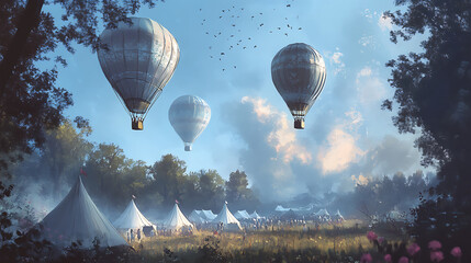 "Serene hot air balloons drifting above a peaceful countryside, with festival tents below, evoking inspiration and calm, ideal for book covers 