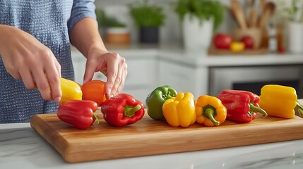 A woman slicing colorful bell peppers on a wooden cutting board in a bright kitchen