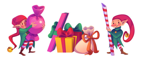 Cute Christmas elf characters with wrapped presents - smiling helper in green coat carrying big pink candy, colorful boxes with ribbons and bows, dwarf in pointed hat holding striped caramel cane.